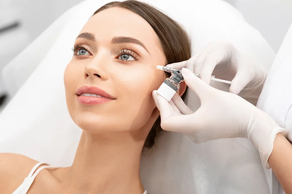 a woman receives dermal filler injection 